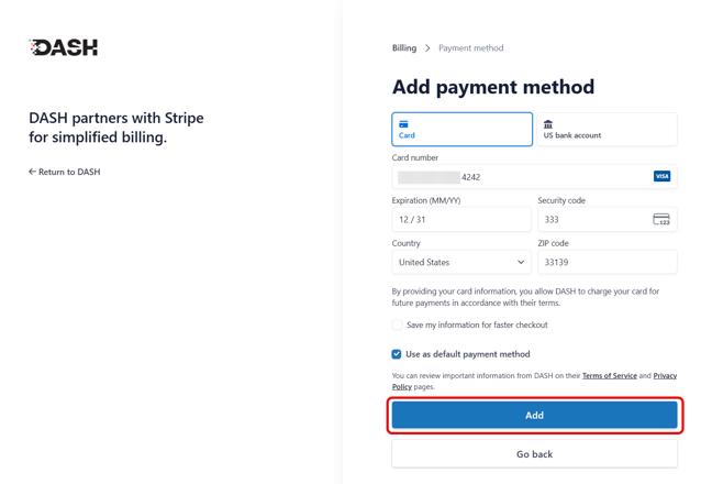 Screenshot of the DASH Add payment method screen with a new payment method added and the Add button highlighted.