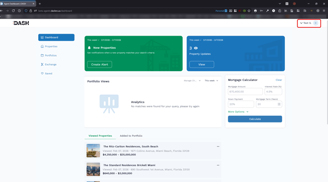 Screenshot of the DASH Agent Dashboard with the user's name in the top-right corner highlighted.