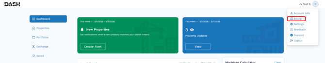 Screenshot of the DASH admin menu expanded with Billing highlighted.
