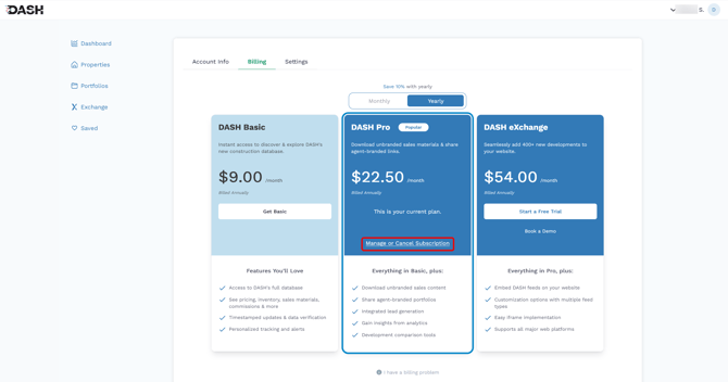 Screenshot of the DASH subscription management screen with the "Manage or Cancel Subscription" link highlighted.