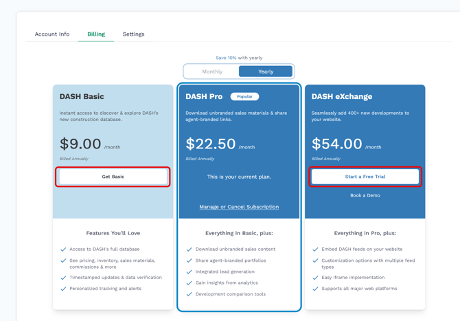 Screenshot of the plan selection page with the selection button highlighted.