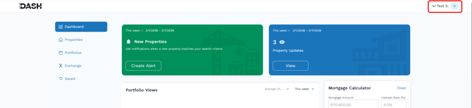 Screenshot of the DASH Agent Dashboard with the admin menu dropdown highlighted.