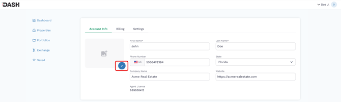 Screenshot of the DASH profile editor with the pencil icon to add a photo highlighted.