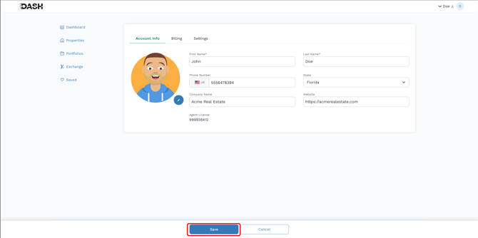 Screenshot of a DASH Agent Profile with an unsaved change and the Save button highlighted.