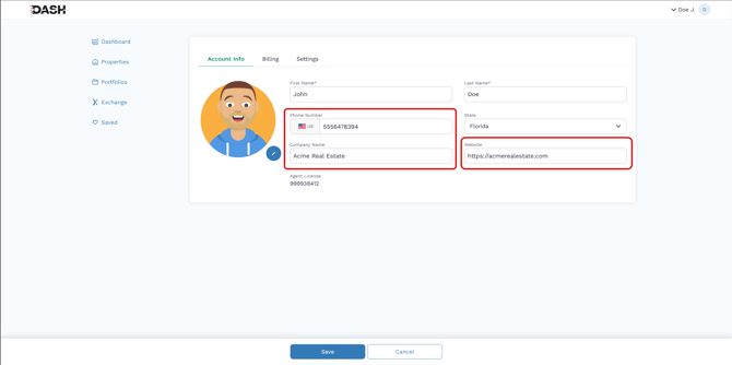 Screenshot of the DASH profile page with the phone number, company name, and website fields highlighted.
